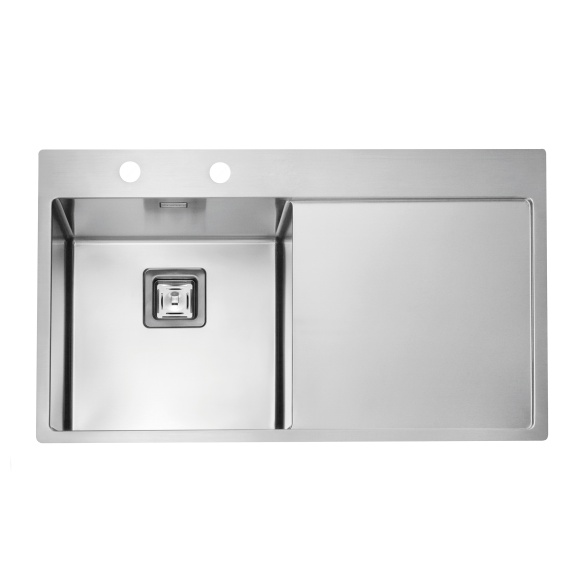 square stainless steel basin with worktop STYLUX 50 left, 86x51 cm height 20 cm, satin finish. Square automatic drain 3 1/2´´included.