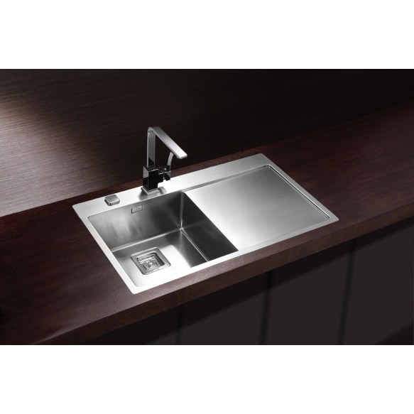 square stainless steel basin with worktop STYLUX 50 left, 86x51 cm height 20 cm, satin finish. Square automatic drain 3 1/2´´included.