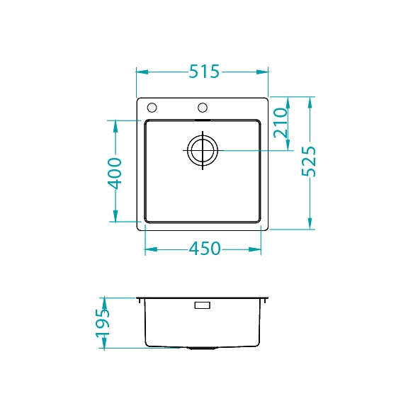 square stainless steel basin PURE 30, 51.5x52.5 cm height 19.5 cm, satin finish. Automatic drain 3 1/2´´included.