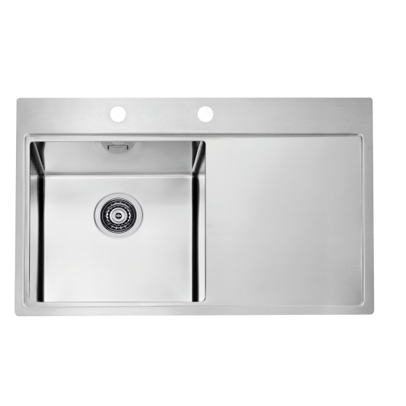 square stainless steel basin with worktop PURE 40 left, 86x51 cm height 20.5 cm, satin finish. Automatic drain 3 1/2´´included.