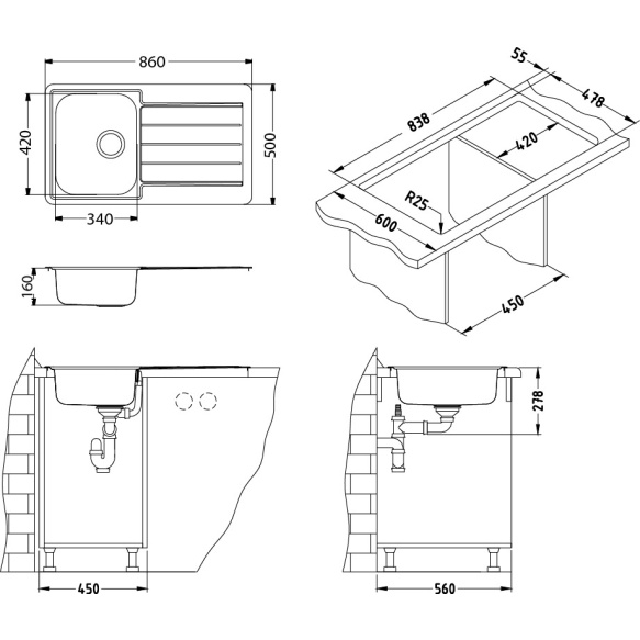 stainless steel basin LINE 20 MONARCH, 86x50 cm, waste 3 1/2´´, gold finish. Drain is included.