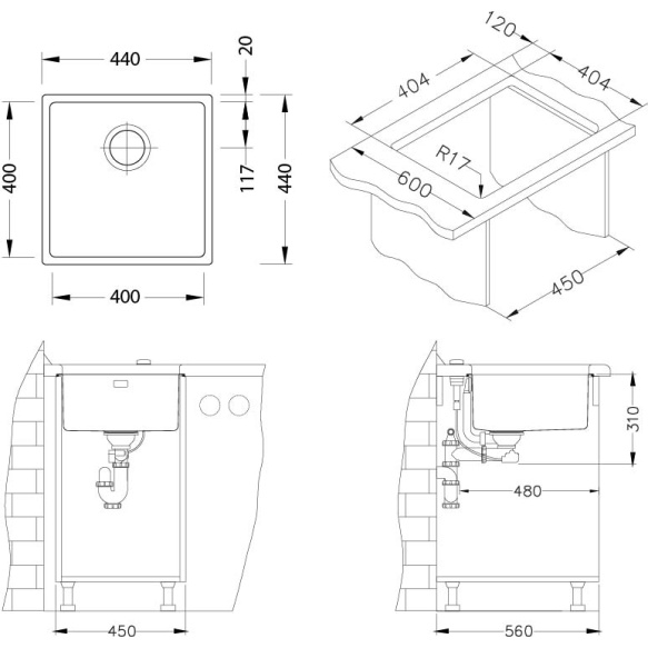 stainless steel undermount basin KOMBINO 30, 40x40x19,5 cm, waste 3 1/2´´, satin finish. Drain is not included
