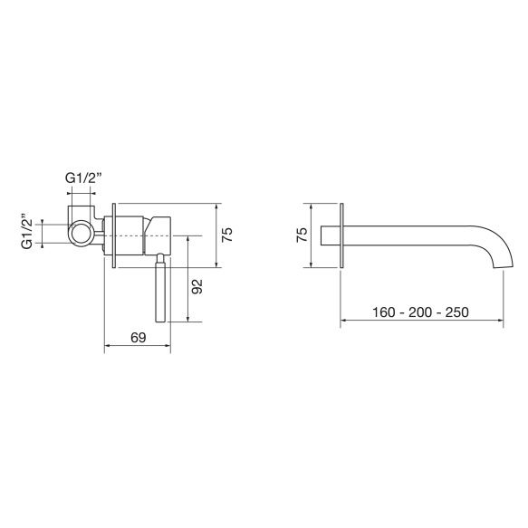 built in wall single level basin mixer Form A, two parts, spout 20 cm, mat black