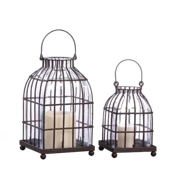 5"Square x 8-1/2"H Wire & Glass Cage Lantern, Rust