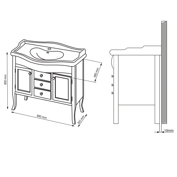 Sink cabinet, 2x door, 3x drawer, 89x80x48