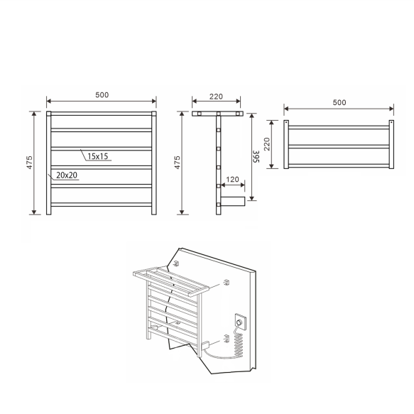 elektriline käterätikuivati Elzor 500x470 mm, 50W, matt must