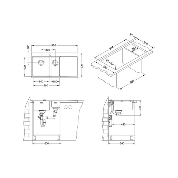 square stainless steel basin with worktop PURE 60 left, 98x52.5 cm height 20.5 cm, satin finish. Automatic drain 3 1/2´´included.