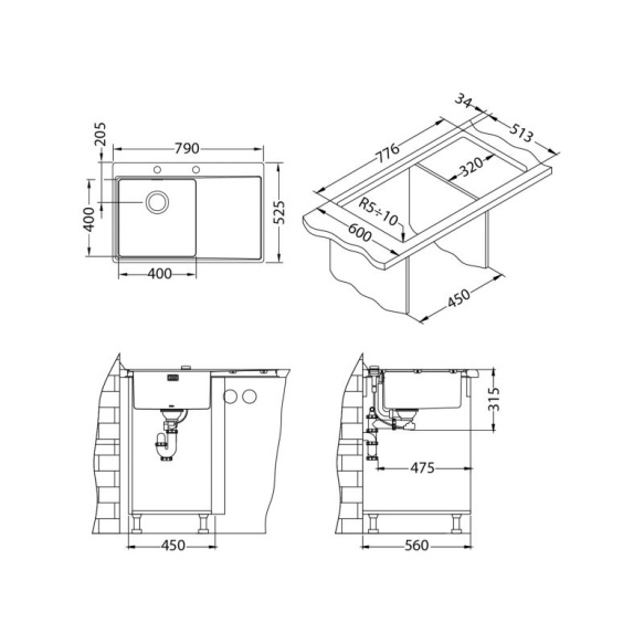 square stainless steel basin with worktop PURE 40 right, 86x51 cm height 20.5 cm, satin finish. Automatic drain 3 1/2´´included.