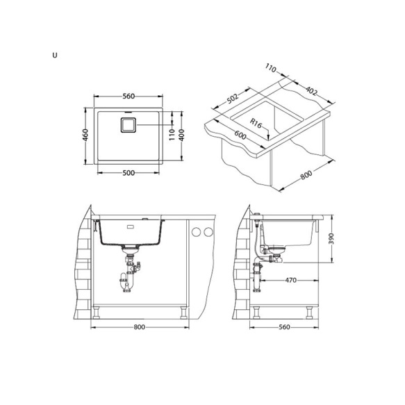 SINK ALVEUS QUADRIX 50 Arctic G11 P-U, with gold color fitings  ( 1128394 + 1127152 + 1103421 + 1110854)