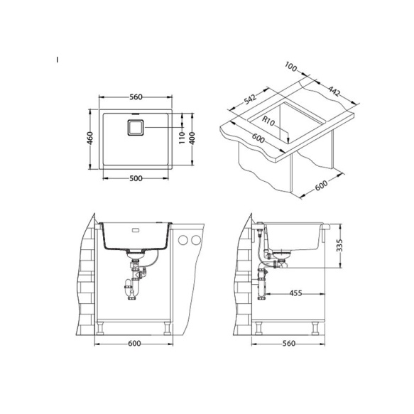 SINK ALVEUS QUADRIX 50 Steel G04M P-U, with gold color fitings  ( 1108037 + 1127152 + 1103421 + 1110854)