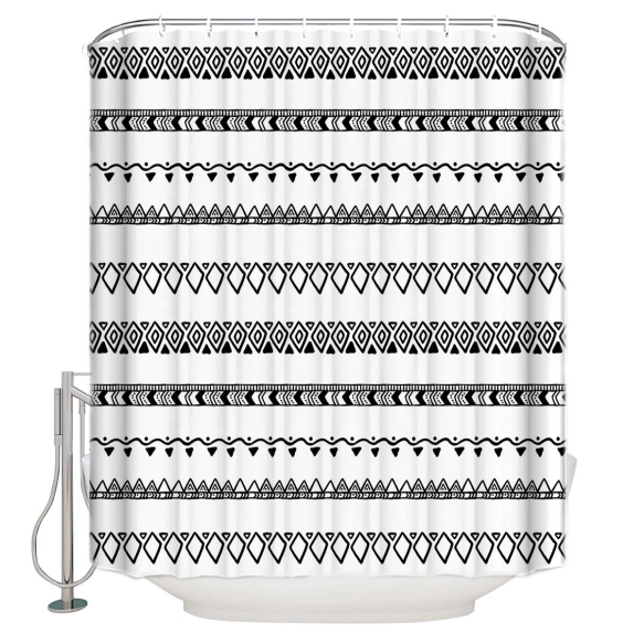 textile shower curtain BW Etno 183x200 cm, white curtain rings included