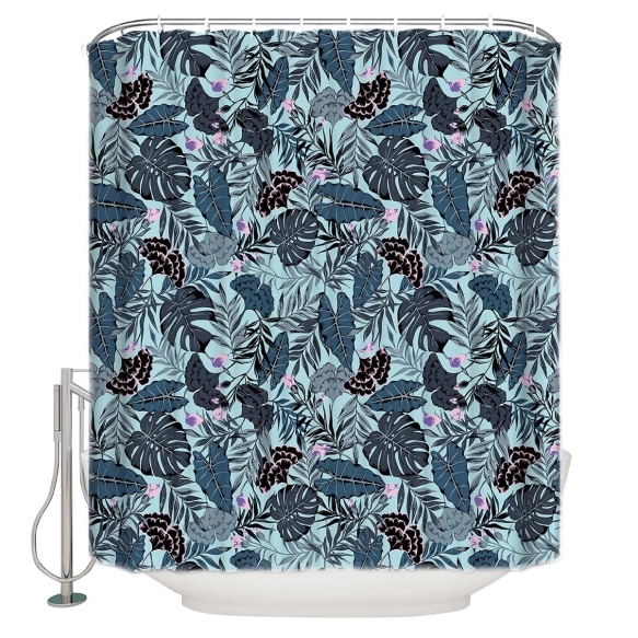 textile shower curtain Blue Florals 183x200 cm, white curtain rings included
