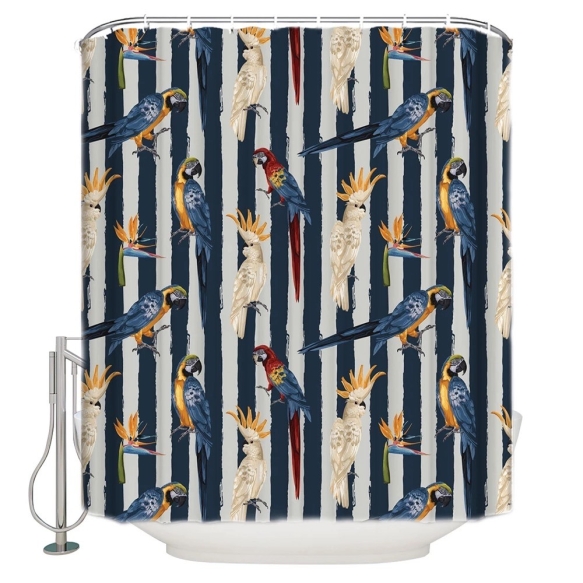 textile shower curtain Parrots 183x200 cm, white curtain rings included