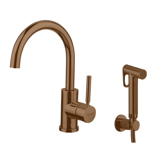 basin mixer Form A with movable spout and bidet spray, PVD brushed copper