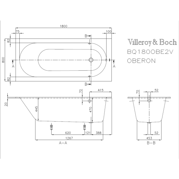 vann Villeroy & Boch Oberon 180x80 cm, valge, ilma paneelideta, komplektis jalad