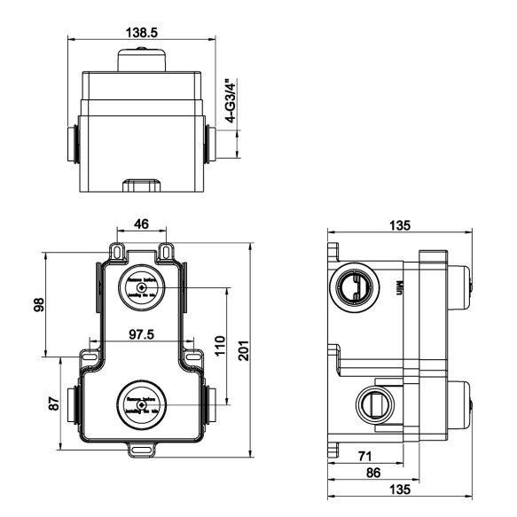 Caral built-in thermostatic shower mixer wall element, 2 outlets
