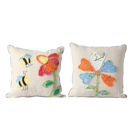 17-3/4" Square Cotton & Linen Appliqued & Embroidered Pillow, 2 Styles ©