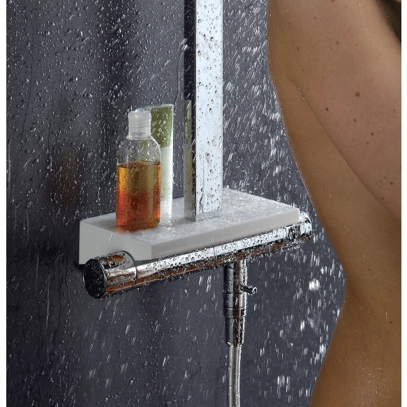 THERMOSTATIC SHOWER COLUMN "SETA" WITH SOLID STONE SHELF3 FUNTIONS: RAIN 153X153 MM., CASCADE, Ø 100 MM.