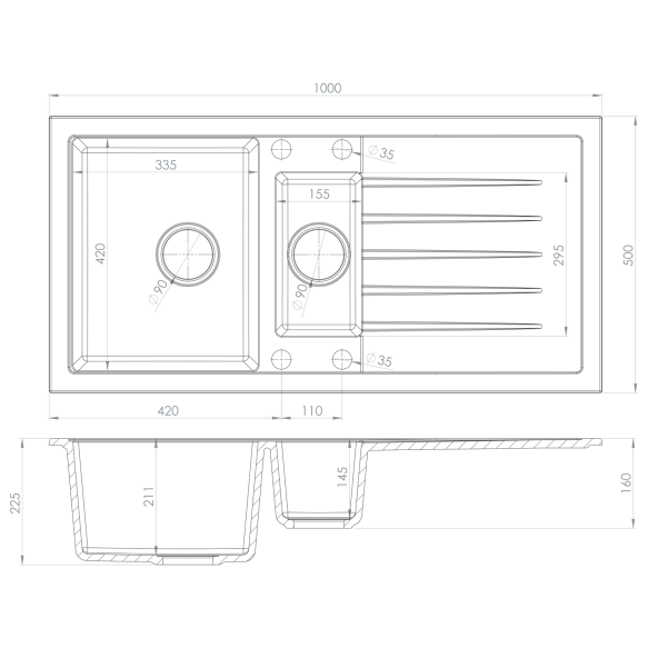kivimassist köögivalamu sifooniga 100x50cm,  must