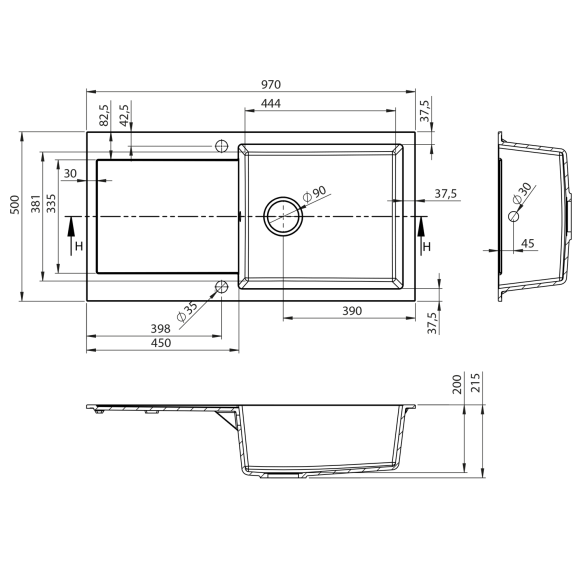 kivimassist köögivalamu sifooniga 97x50cm,  valge