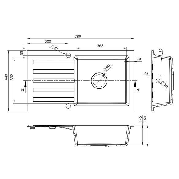 kivimassist köögivalamu sifooniga 78x44cm,  valge