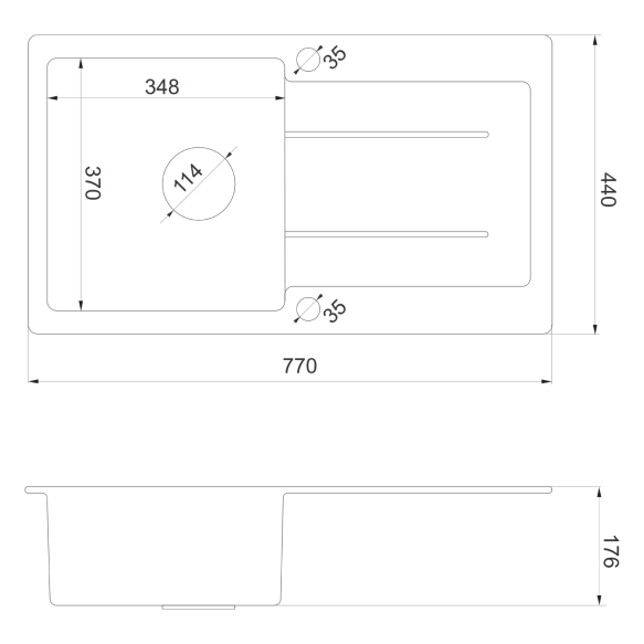 kivimassist köögivalamu sifooniga 77x44cm,  must