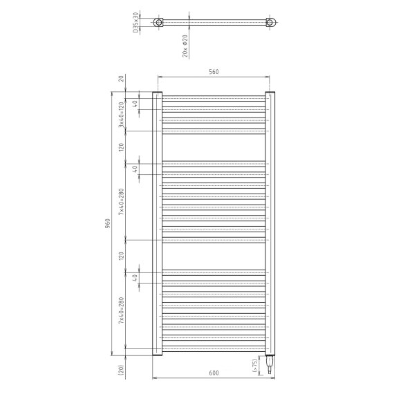 elektriradiaator Direct-E, sirge, 600x960 mm, 400 W, must