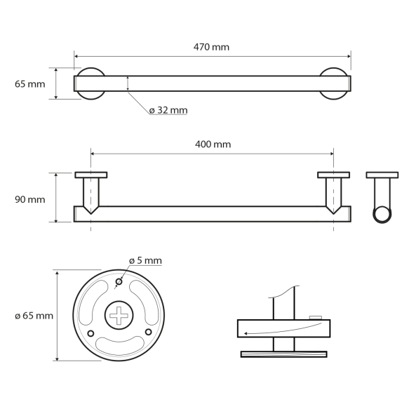 Käepide seinale X-ROUND BLACK 470mm, must