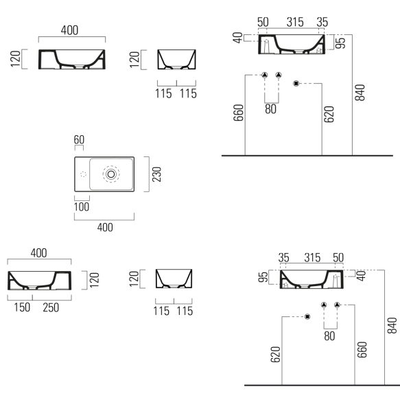 Keraamiline valamu KUBE X 40x23 cm, parem/vasak, matt must