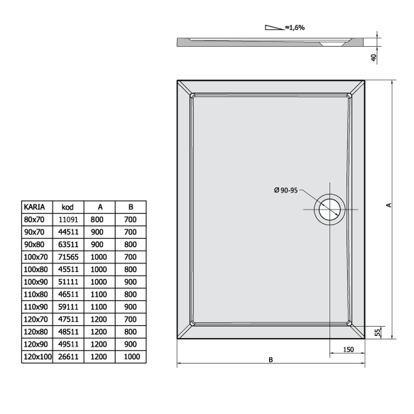 Kivimassist dušialus KARIA 120x80x4cm, valge