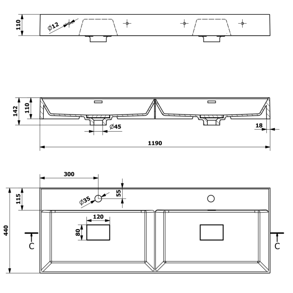 kivimassist valamu GODIVA 119x44cm, valge