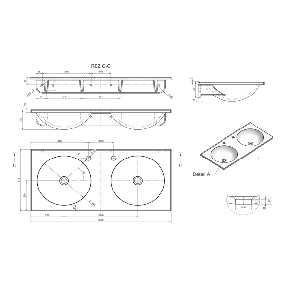 kivimassist valamu JUNO  100x15x47cm, valge