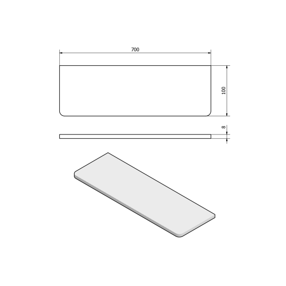 Klaasist riiul 700x100x8mm, kirgas klaas