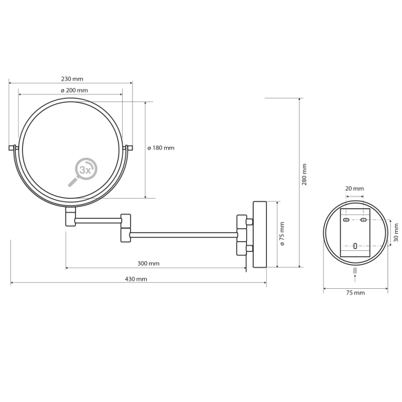 Kosmeetikapeegel seinale X-ROUND BLACK 190mm, must