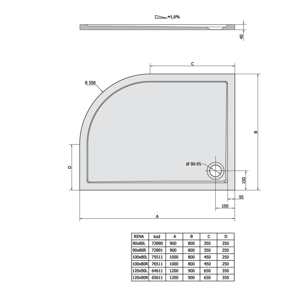 Kvimassist dušialus RENA Quadrant 120x90x4cm, R550, vasak, valge