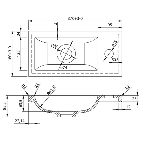 kivimassist mööblivalamu,  37x18cm,  valge