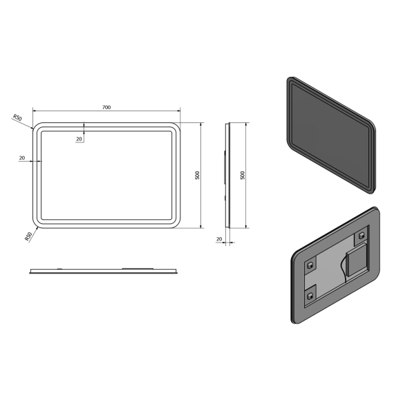 LED taustvalgustusega peegel NYX 50x70cm