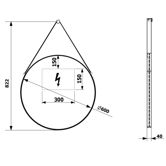 nahast rihmaga LED peegel ORBITER, ø 60cm, matt must