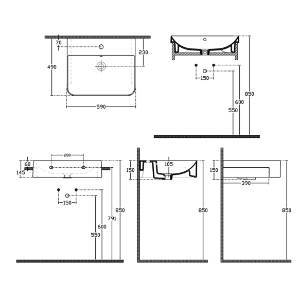 poolsüvistatav valamu  SOTT AQUA 59x49 cm