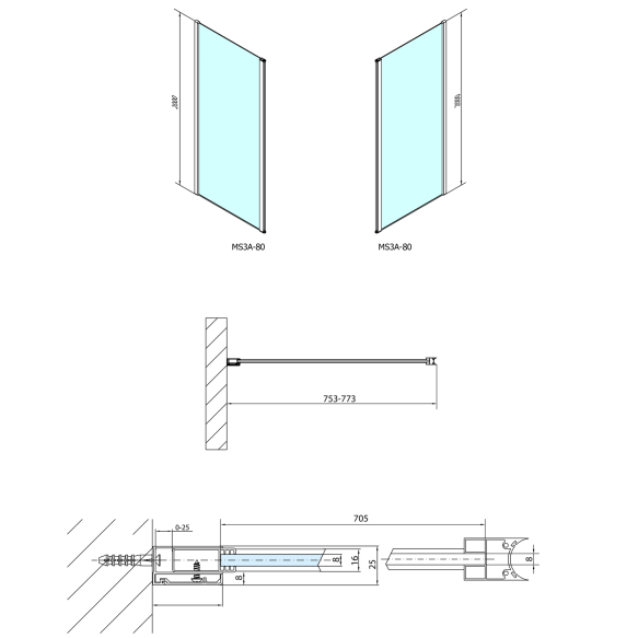 Seinale kinnituv klaaspaneel MODULAR SHOWER, hingedel avaneva ukse jaoks, 800 mm