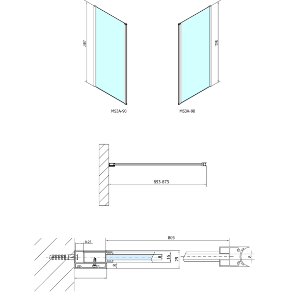 Seinale kinnituv klaaspaneel MODULAR SHOWER, hingedel avaneva ukse jaoks, 900 mm
