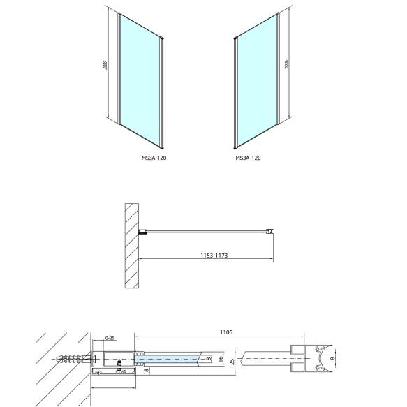 Seinale kinnituv klaaspaneel MODULAR SHOWER, hingedel avaneva ukse jaoks, 1200 mm