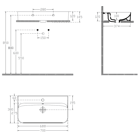 valamu SISTEMA U , 70x38 cm, valge