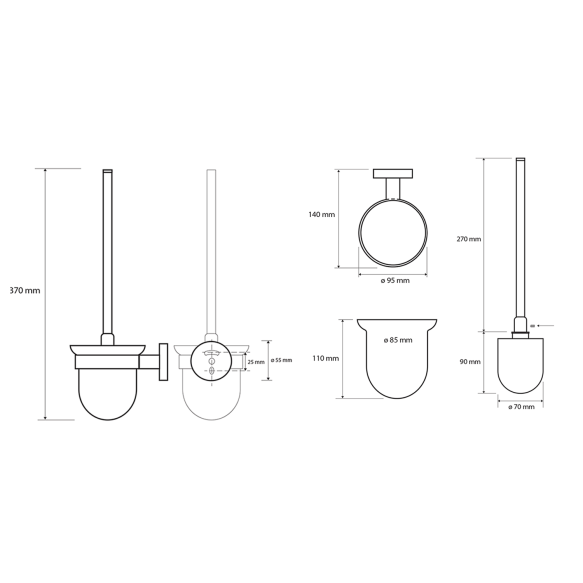 X-ROUND BLACK Seinale kinnitatav WC hari/hoidik, matt klaas, must (95x370x140 mm)