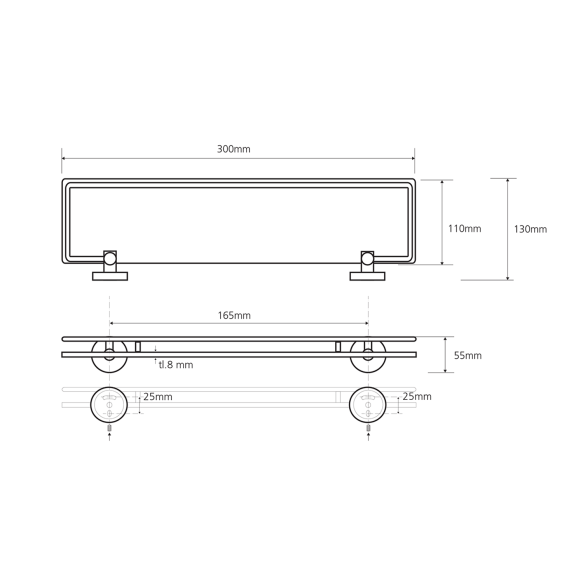 X-ROUND E piirdega klaasist riiul 300x130mm, kroom (300x55x130 mm)