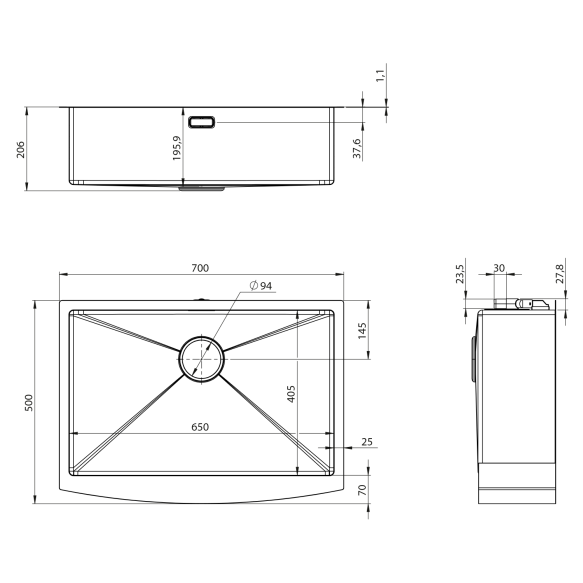 poolsüvistatav roostevaba köögivalamu 70x50cm,  gun metal