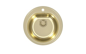 ümar köögivalamu FORM 30 MONARCH, diam 51 cm, h 18,5 cm, äravool 3 1/2´´, roostevaba, kuldne viimistlus. Komplektis kuldse viimistlusega põhjaklapp ja plastsifoon.