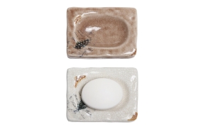 5-1/4"L Stoneware Soap Dish w/ Feather Decal, 2 Styles