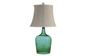 27"H Glass Table Lamp w/ Linen Shade, Green,(3 Way, 100 Watt Bulb Maximum)