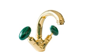 single hole basin mixer "Cristallo di Roca", gold finish, malachite handles, incl pop-up waste